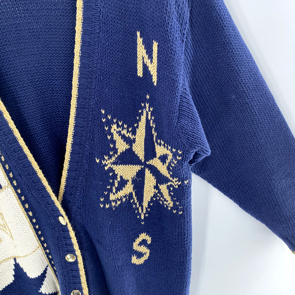 Vintage Jason Maxwell Compass Cardigan Sweater Sz M Blue Gold V-Neck Nautical - Picture 6 of 13